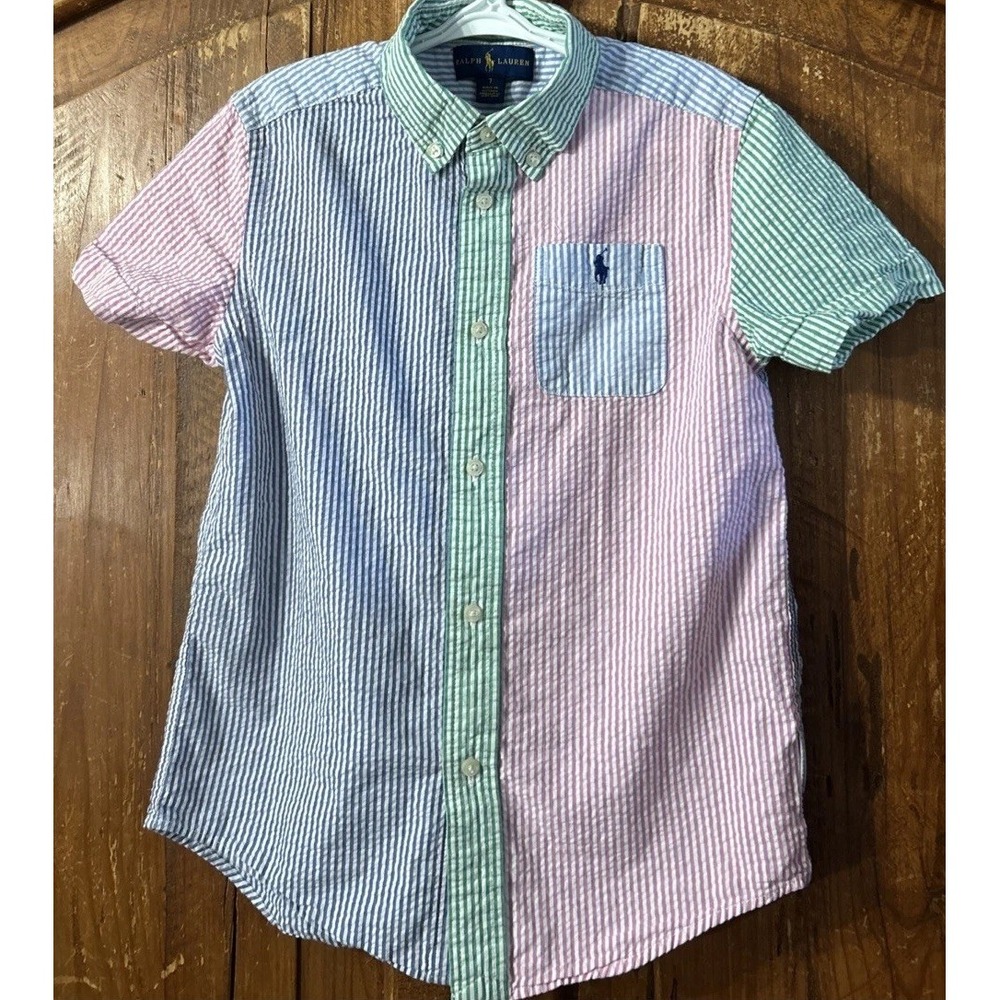 Boys Polo Ralph Lauren Striped Seersucker Colorblock Fun Shirt Sz 7